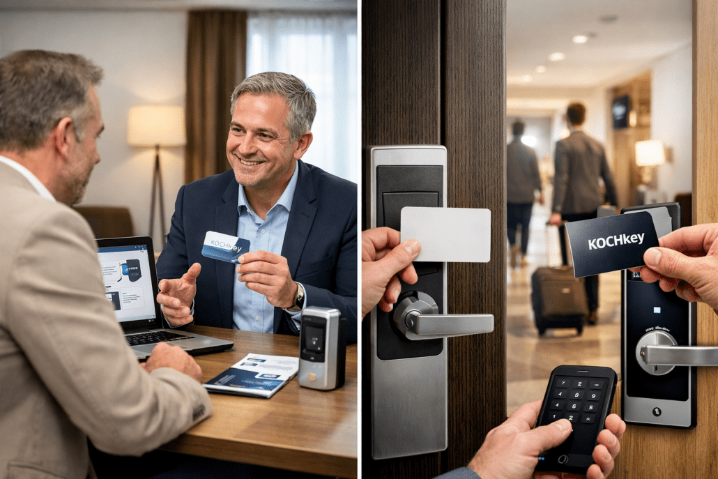 Mann bei Rezeption mit Keycard