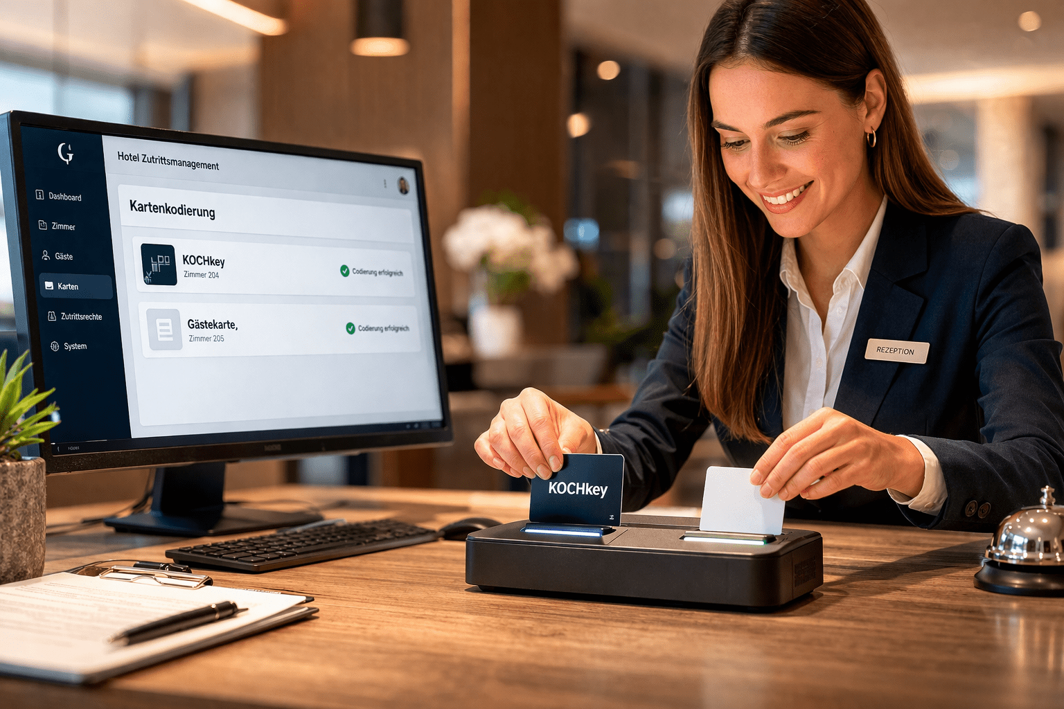 Rezeptionistin bei Kodierung von Zimmerkarten