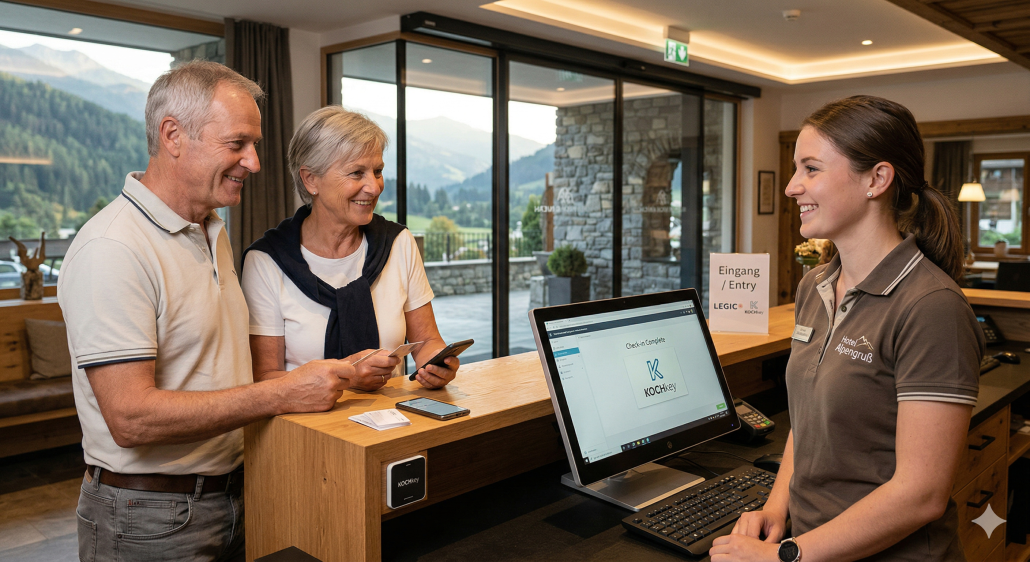 Zwei ältere Personen an der REzeption mit Rezeptionistin